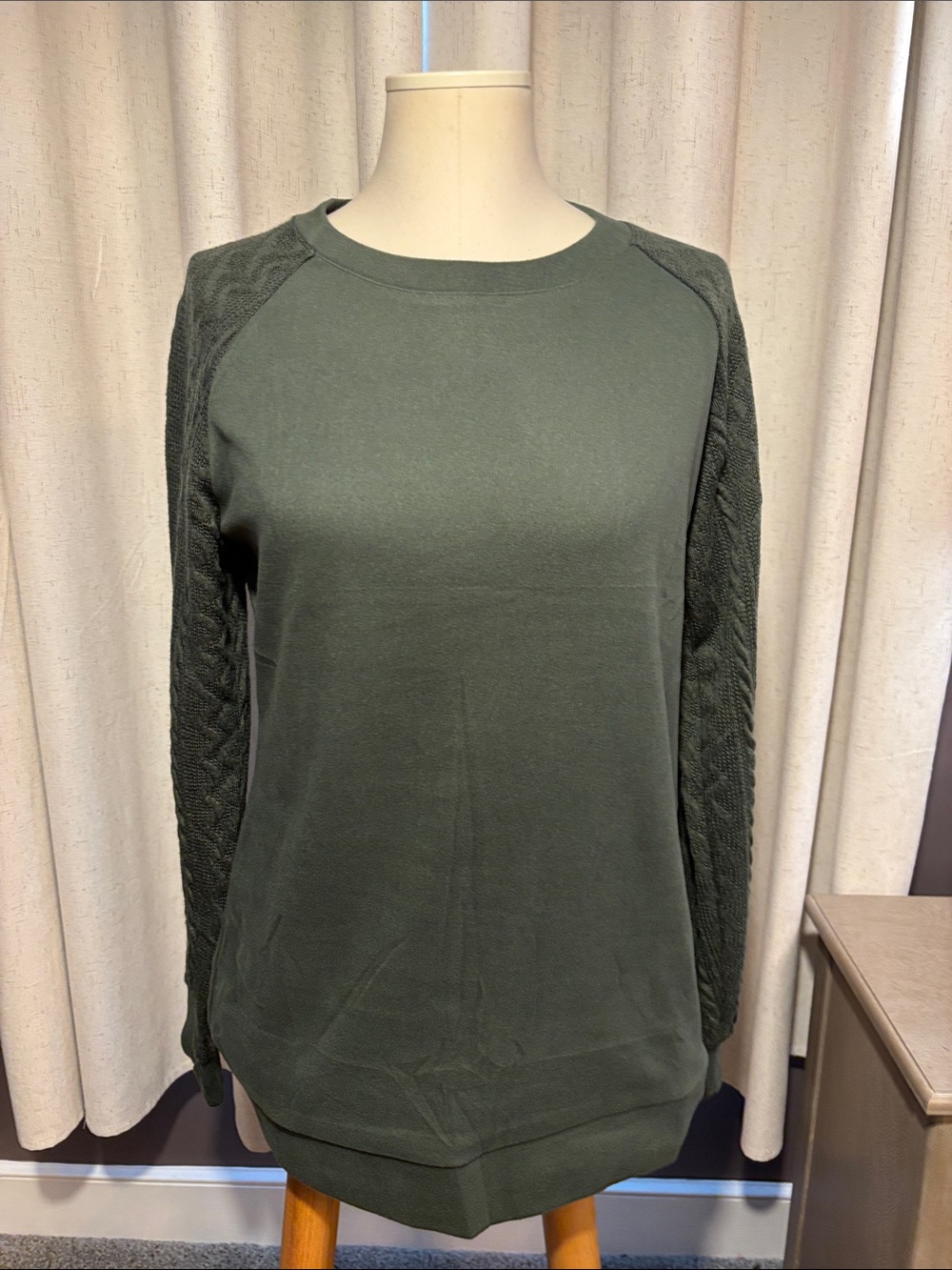Olive Green Cable Knit Sleeve Tunic Sweatshirt Top Medium